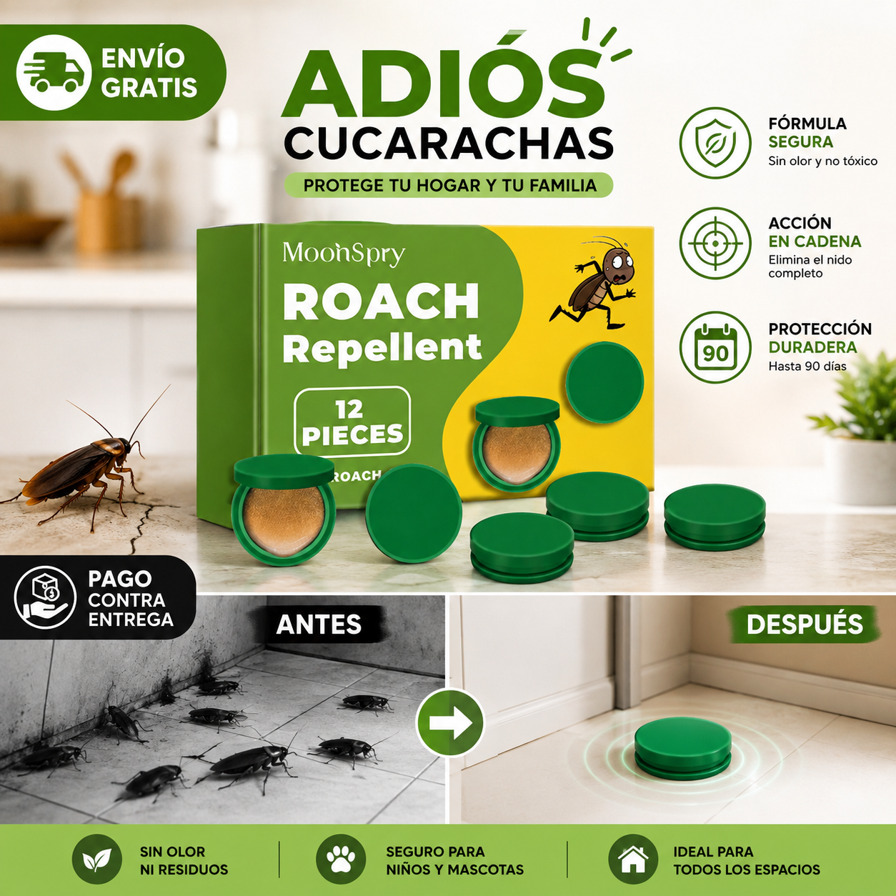 MoonSpry Roach Repellent®: Elimina cucarachas en cadena, hasta las que no ves