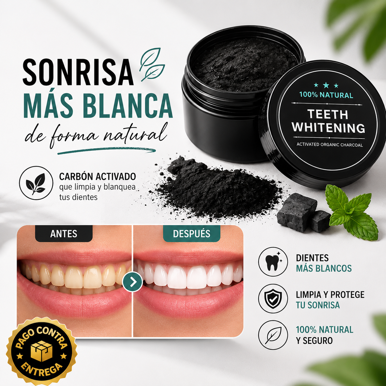 🥥 ¡Dientes blancos sin químicos! CocoSmile® Carbon: Sonrisa radiante y natural en 3 minutos ✨