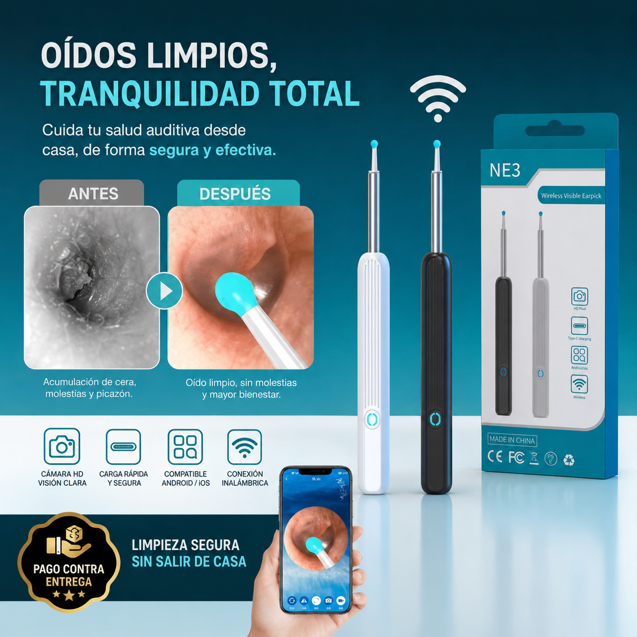 Limpiador de oídos ClearEar®: Mira el interior de tu oído en HD y elimina la cera de forma 100% segura