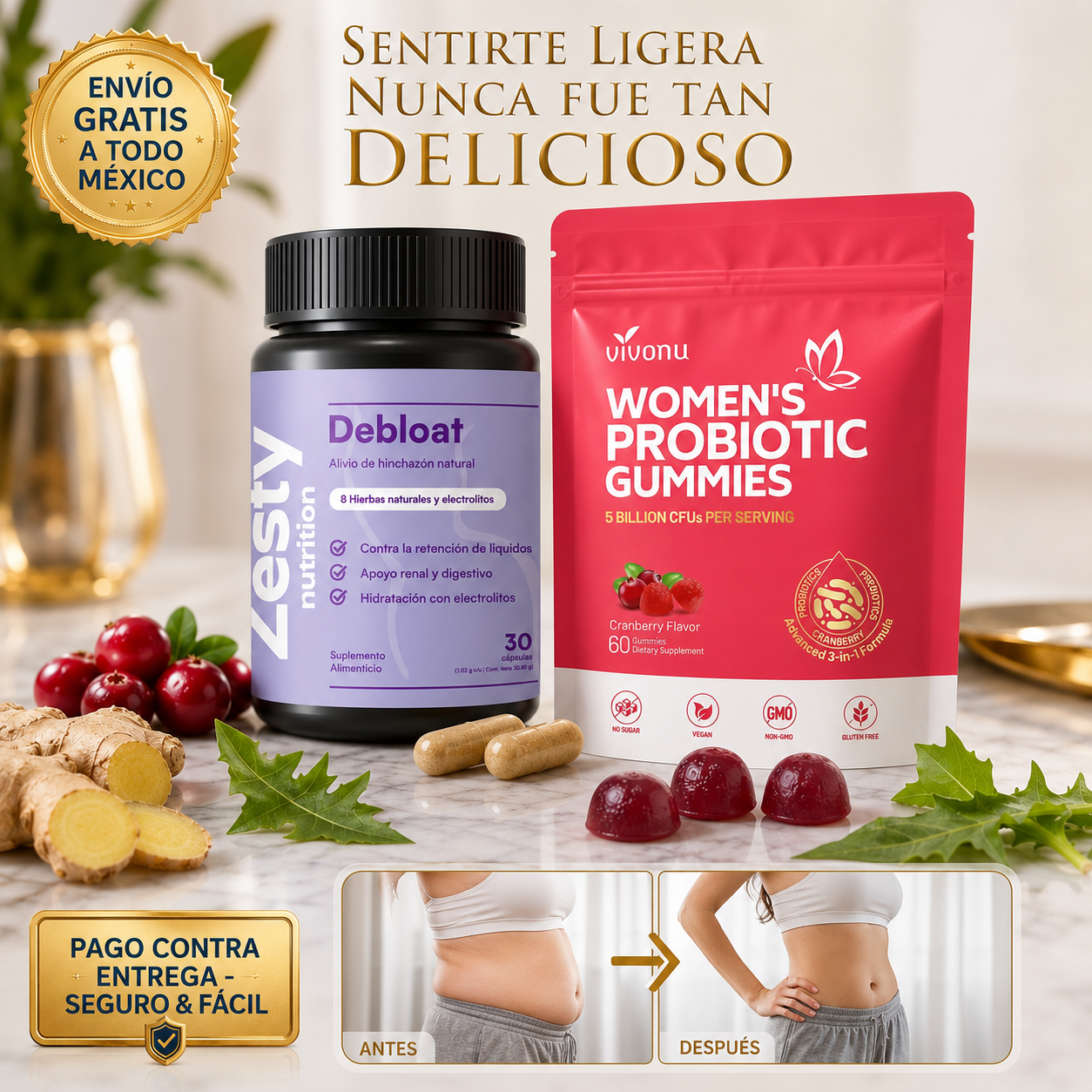 Kit Bienestar Total Femenino Debloat®: Adiós Hinchazón, Hola Equilibrio (¡Gomitas de Regalo al Rellenar el Formulario!)