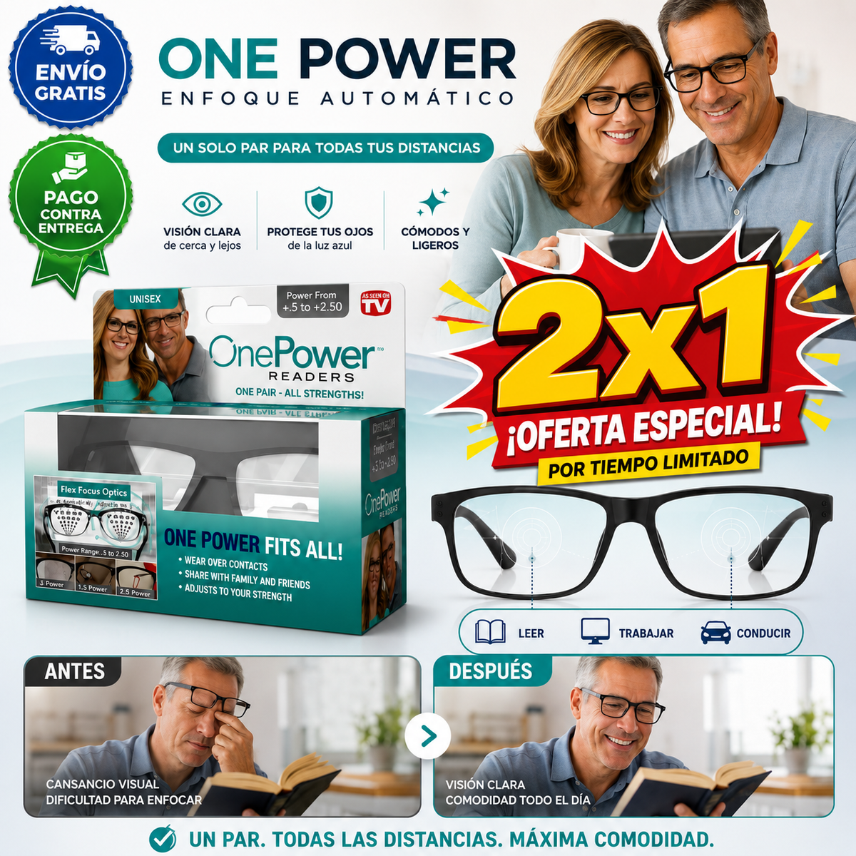 2x1 OnePower Readers®: Un solo par de lentes, toda la graduación que necesitas