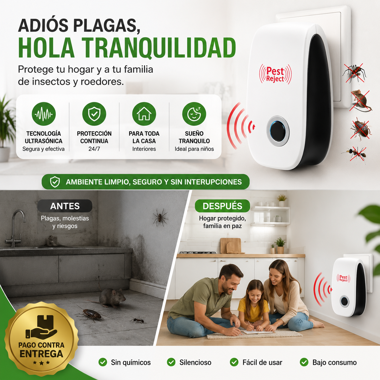 🚫 ¡Casa libre de plagas sin venenos! PestReject® HyperModa: El escudo ultrasónico que aleja bichos y roedores protegiendo a tu familia 🛡️
