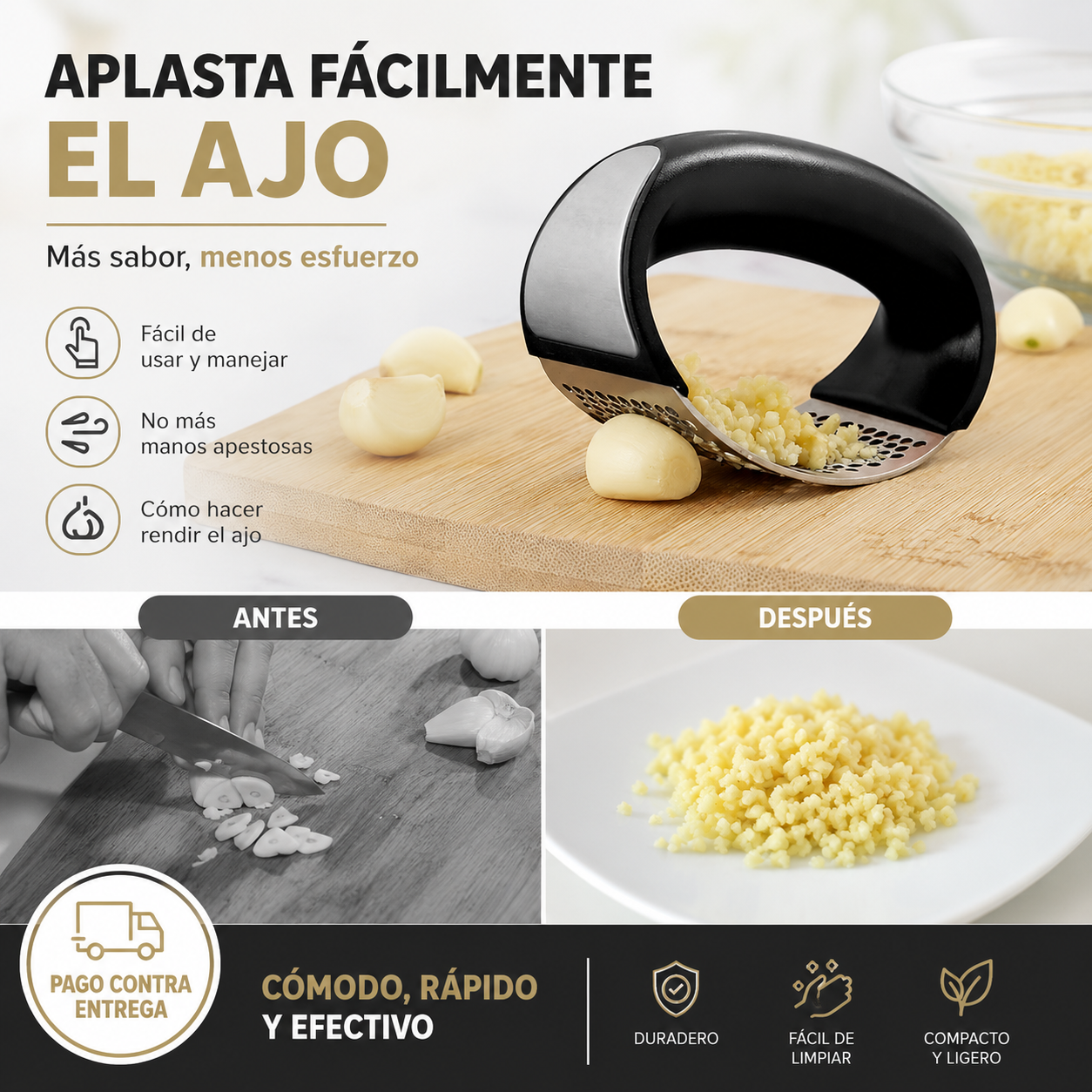🧄 ¡Ajo picado en un segundo sin olores! GarlicRocker® Pro: La prensa ergonómica de acero inoxidable que tritura al instante con un solo balanceo ✨