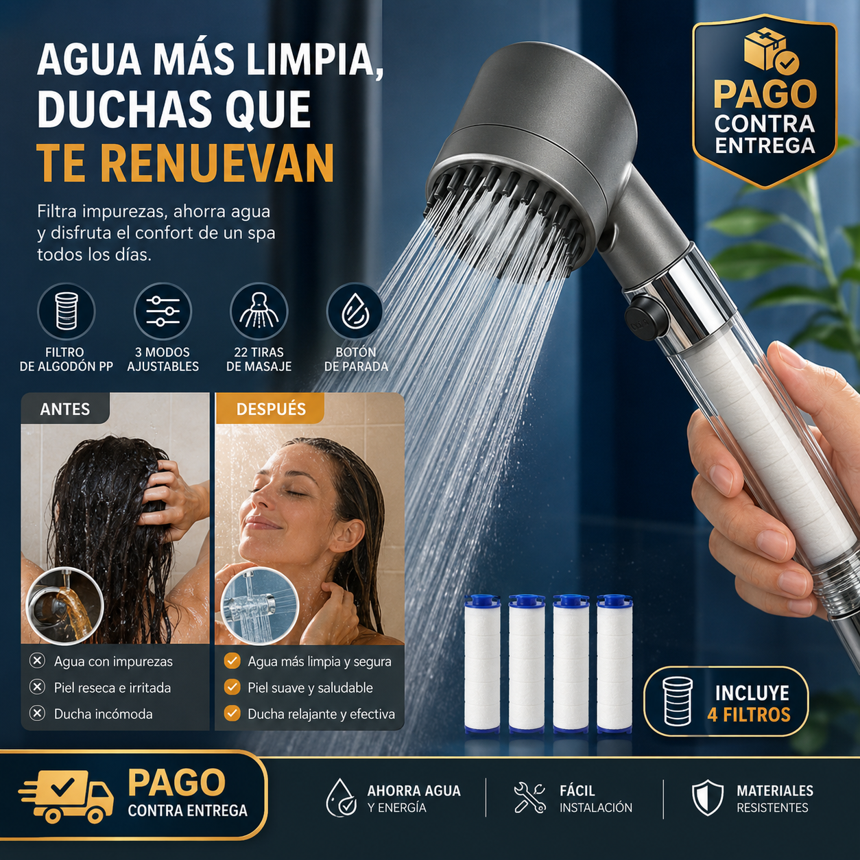 🚿 ¡Tu baño transformado en un spa medicinal! HydroSpa® Pro: El cabezal de alta presión con triple filtrado y 22 tiras de masaje para cuidar tu piel y cabello ✨