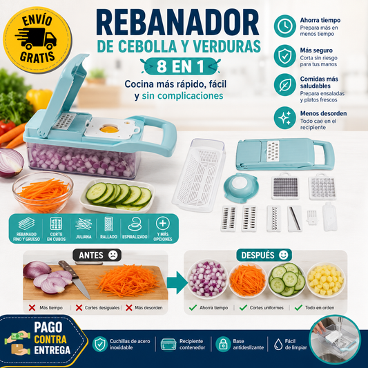 ¡Ensaladas listas en 60 segundos! ChopMaster® 8-en-1: El picador multifuncional con contenedor que rebana y corta cubos sin ensuciar