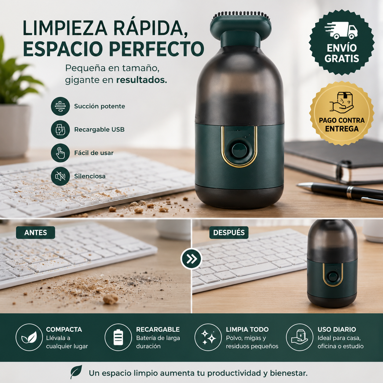 ¡Adiós a las migas en segundos! MiniVac Pro®: Potencia compacta para tu escritorio