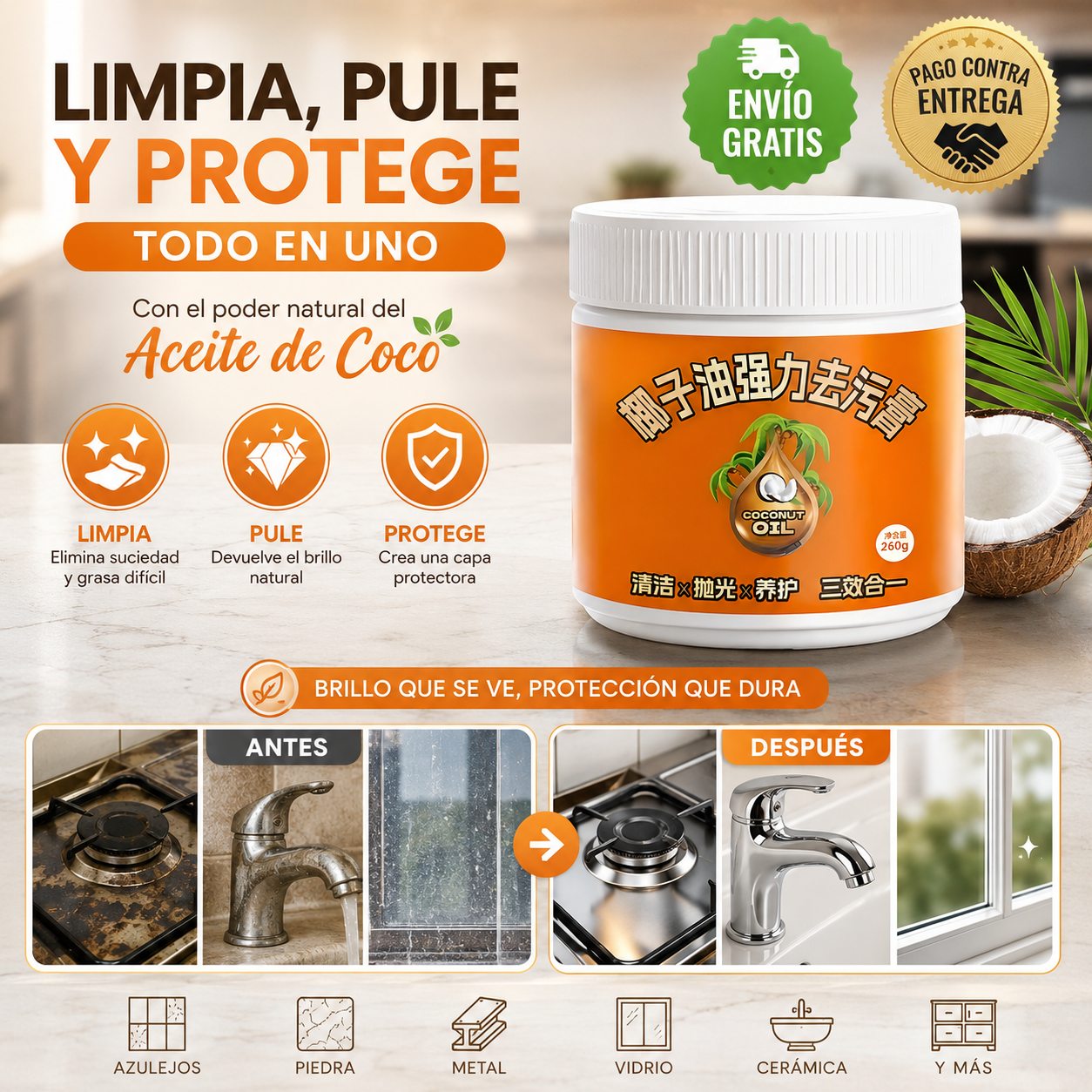 Limpieza, brillo y protección en un solo frasco: CoconutShine 3 en 1®, el poder del coco para tu hogar