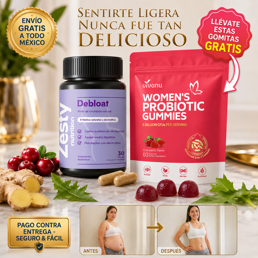 Kit Bienestar Total Femenino Debloat®: Adiós Hinchazón, Hola Equilibrio (¡Gomitas de Regalo al Rellenar el Formulario!)